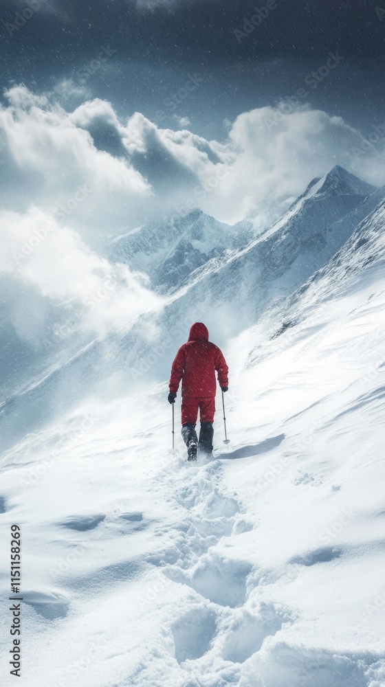 Stormy mountain range under heavy snow, a solitary man clad in bright red trekking through dense snowfall, harsh terrain, and biting winds. Wild nature surrounds him Stormy mountain range under heavy snow, a solitary man clad in bright red trekking through dense snowfall, harsh terrain, and biting winds. Wild nature surrounds him
