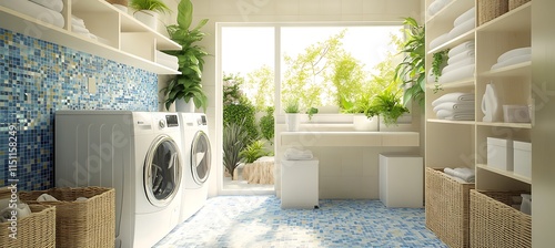  A bright and cheerful laundry room with colorful tiles, open shelving for storage, and a modern washer and dryer. A large window lets in plenty of natural light,  photo