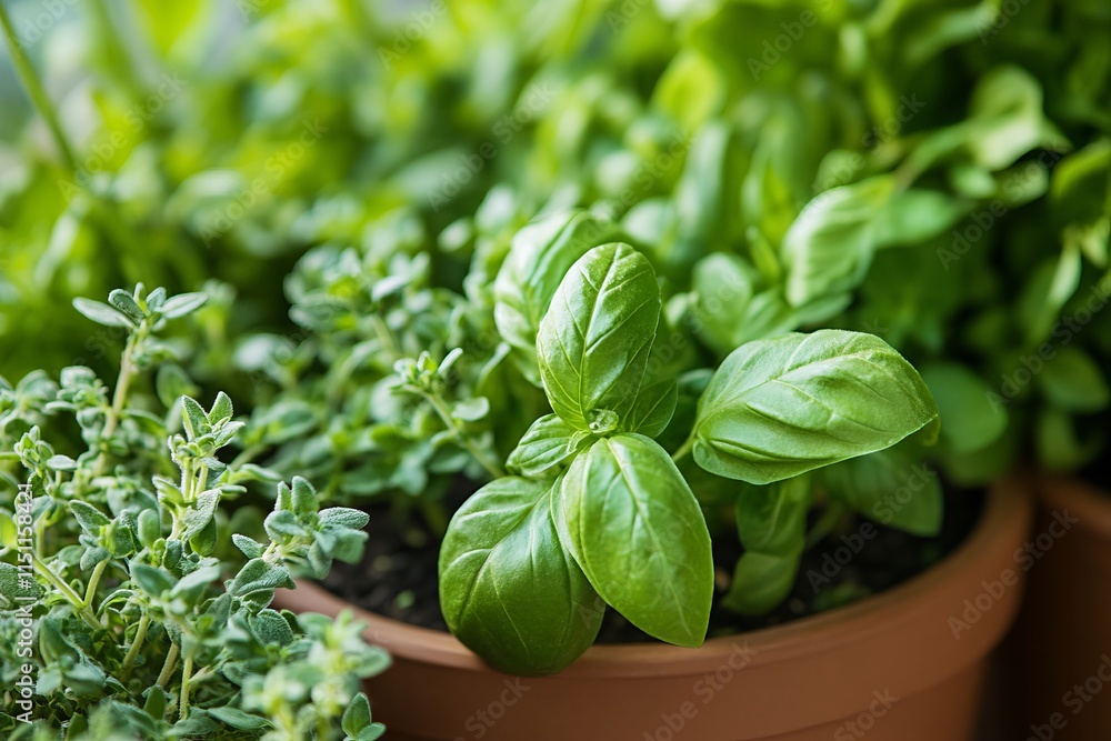 Close-up of a potted herb garden with fresh basil and thyme, Earth Day urban gardening, vibrant greens, natural light. Close-up of a potted herb garden with fresh basil and thyme, Earth Day urban gardening, vibrant greens, natural light.