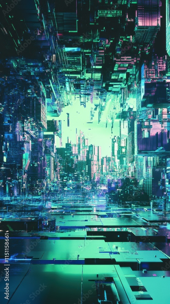 Obraz premium Abstract digital city with skyscrapers and neon lights