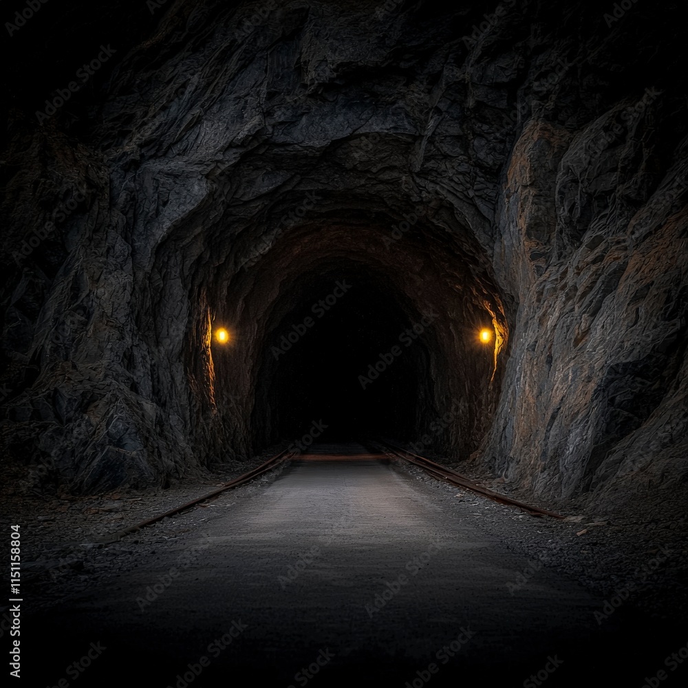 Obraz premium Dark Mysterious Abandoned Mine Tunnel Railroad Tracks Glowing Lights