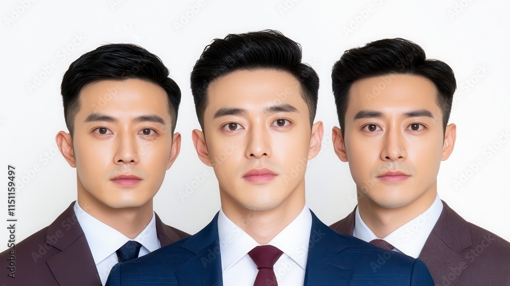 Three well-groomed men in suits pose confidently against a neutral background, showcasing modern fashion and professional styles. Three well-groomed men in suits pose confidently against a neutral background, showcasing modern fashion and professional styles.