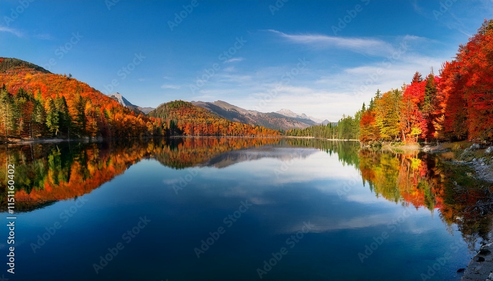Serene Autumn Reflections: Vibrant Fall Foliage Mirrored in Still Lake Serene Autumn Reflections: Vibrant Fall Foliage Mirrored in Still Lake