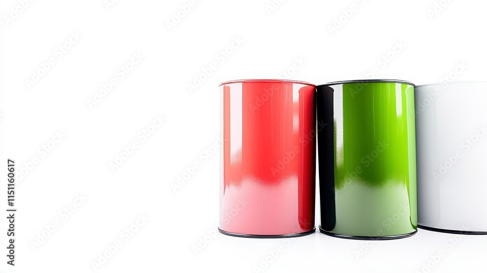 Three colorful paint cans in red, green, and white are arranged side by side against a plain background, showcasing their glossy finishes. Three colorful paint cans in red, green, and white are arranged side by side against a plain background, showcasing their glossy finishes.