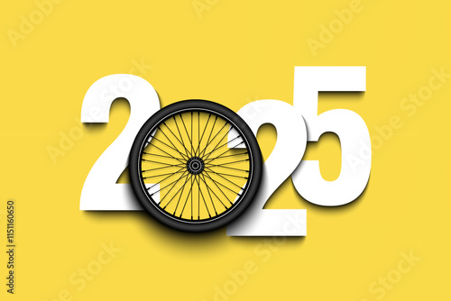 New Year numbers 2025 and bike wheel on an isolated background. Creative design pattern for greeting card, banner, poster, flyer, party invitation, calendar. Vector illustration
