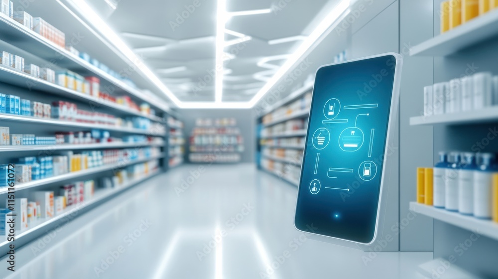 Smart Device Displaying Digital Interface in Modern Retail Aisle, Showcasing Products and Advanced Technology for Enhanced Customer Experience in a Pharmacy Environment Smart Device Displaying Digital Interface in Modern Retail Aisle, Showcasing Products and Advanced Technology for Enhanced Customer Experience in a Pharmacy Environment