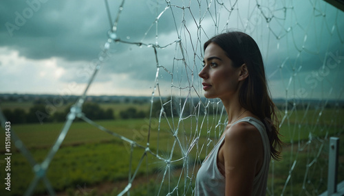 Woman gazes thoughtfully through shattered glass at a stormy landscape