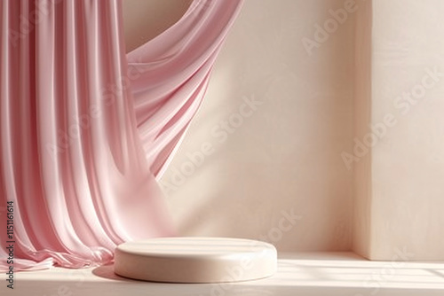 Wooden Podium for Product Presentation with Leafs Plants