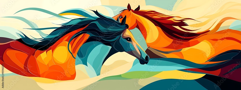 Naklejka premium Two horses running, vibrant colors. (1)