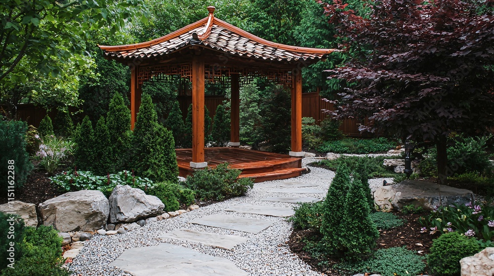 A Chinese garden pavilion surrounded by carefully designed stone paths and ornamental plants features exquisite woodwork and an ornate roof, reflecting traditional architectural charm. A Chinese garden pavilion surrounded by carefully designed stone paths and ornamental plants features exquisite woodwork and an ornate roof, reflecting traditional architectural charm.