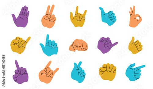 set of Hand drawn colorful hand gestures with different style in flat design. hand cartoon illustration.clip art hand gestures element set