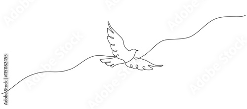 One continuous line drawing of flying up dove. Bird symbol of peace and freedom in simple linear style. Mascot concept for national labor movement icon isolated on white. Vector illustration eps 10