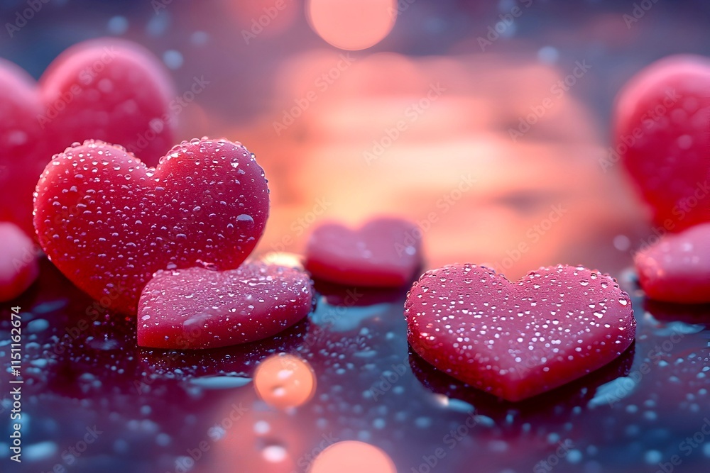 Obraz premium Red 3d heart shaped marmalade covered with dew drops lying on wet surface. Blurred delicate background. Romantic and dreamy wallpaper for Valentine's Day. Seamless pattern. Copy space.