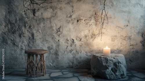 A tranquil wabi-sabi corner with an irregular stone wall, a handmade wooden stool, and a single candle casting soft light. photo