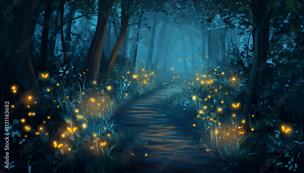 Naklejka premium Enchanted Forest Path with Fireflies