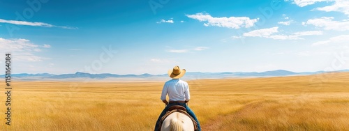 Serene Cowboy on Horseback Riding Through Golden Fields Under a Bright Blue Sky with Wispy Clouds in a Remote and Breathtaking Landscape photo