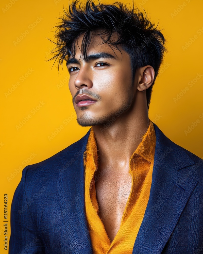 Obraz premium Asian man with a smile on his face is wearing a suit and a shirt in studio color background