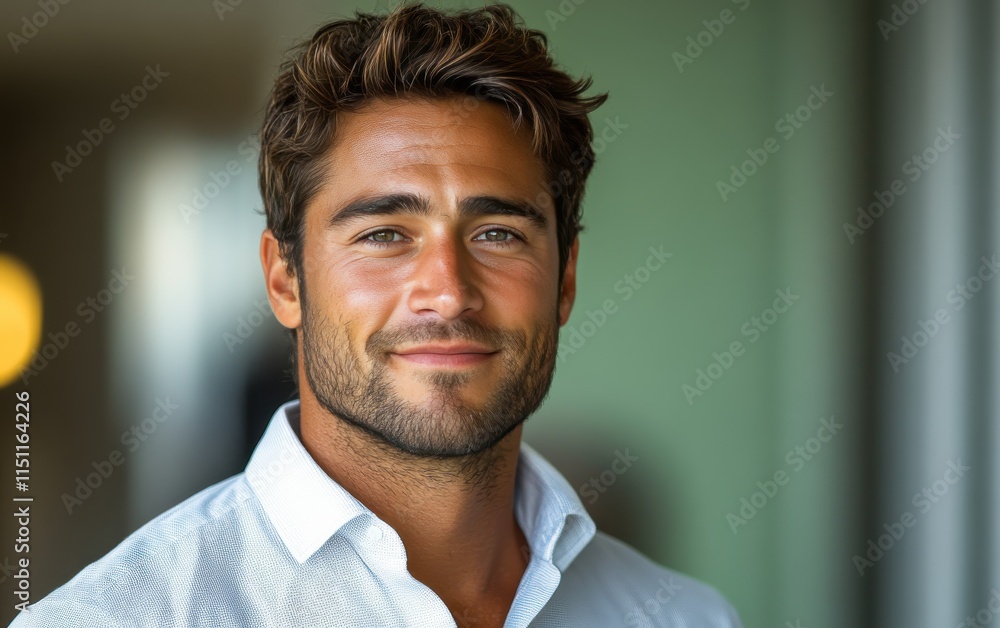 Confident businessman with a suit and a smile in a office background, He looking at the camera Confident businessman with a suit and a smile in a office background, He looking at the camera