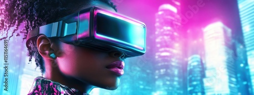 Wallpaper Mural Young Woman Engaged in Virtual Reality Experience in a Futuristic City with Neon Lights and High-Tech Atmosphere, Showcasing the Integration of Technology and Imagination Torontodigital.ca