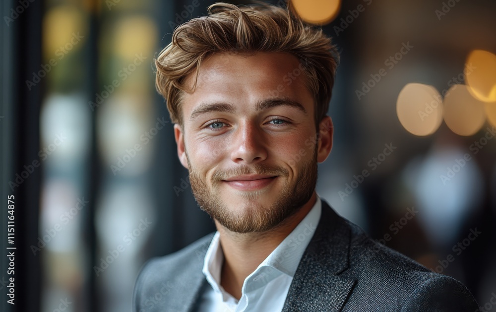 Obraz premium Confident businessman with a suit and a smile in a office background, He looking at the camera