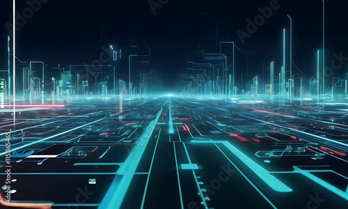A futuristic digital circuit board glowing with blue light, representing advanced technology, data flow, and interconnected systems in cyberspace.