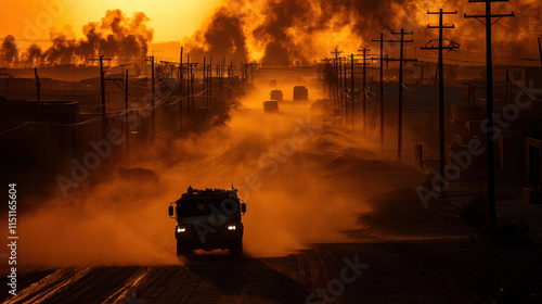 Dust crisis city life A truck drives through a dusty road at sunset, surrounded by smoke and power lines.