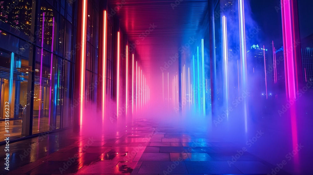 A luminous fog shrouds an urban street at dawn, casting a mystical glow on the damp pavement. A luminous fog shrouds an urban street at dawn, casting a mystical glow on the damp pavement.