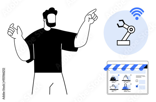 Man pointing at robotic arm, wireless symbol, and online store interface. Ideal for automation, e-commerce, smart technology, online business, innovation futuristic concepts remote control. Line