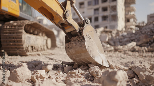 Excavator Demolishing Building