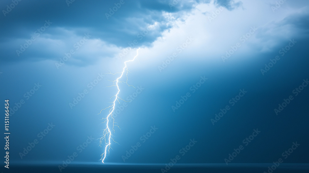 Lightning Strike Over Sea: Dramatic, powerful, and raw, a lightning bolt illuminates the stormy sky, a testament to nature's unforgiving force. The blue sky, the white lightning. Lightning Strike Over Sea: Dramatic, powerful, and raw, a lightning bolt illuminates the stormy sky, a testament to nature's unforgiving force. The blue sky, the white lightning.