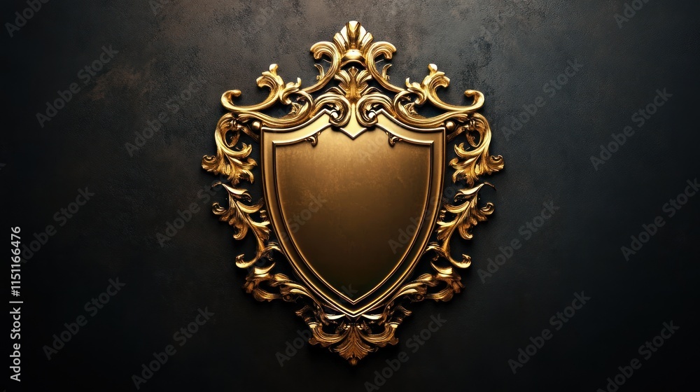 Elegant Golden Shield with Baroque Frame on Dark Background Elegant Golden Shield with Baroque Frame on Dark Background