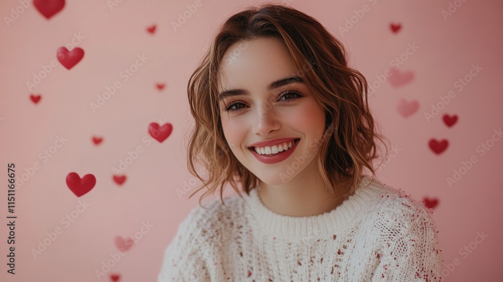 Woman with brown hair smiles warmly, surrounded by red hearts against a soft pink backdrop. Banner with copyspace. Love, romance, hearts, affection, togetherness, Valentine Day celebration concept Woman with brown hair smiles warmly, surrounded by red hearts against a soft pink backdrop. Banner with copyspace. Love, romance, hearts, affection, togetherness, Valentine Day celebration concept