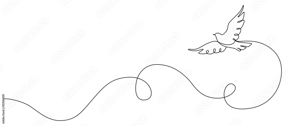 Flying dove in one continuous line drawing. Bird symbol of peace and freedom in simple linear style. Concept for national labor movement icon. Editable stroke. Vector illustration eps 10 Flying dove in one continuous line drawing. Bird symbol of peace and freedom in simple linear style. Concept for national labor movement icon. Editable stroke. Vector illustration eps 10
