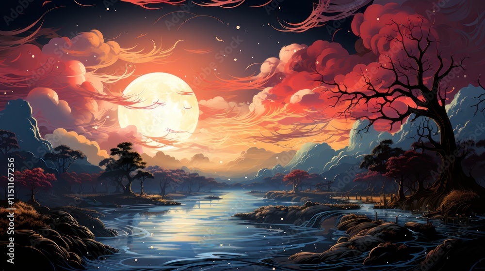 Serene moonlit river, fantastical landscape. Serene moonlit river, fantastical landscape.