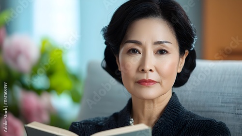 Mature Asian woman sitting on a sofa at home holding a book at a distance due to difficulty reading caused by hyperopia or age related farsightedness photo