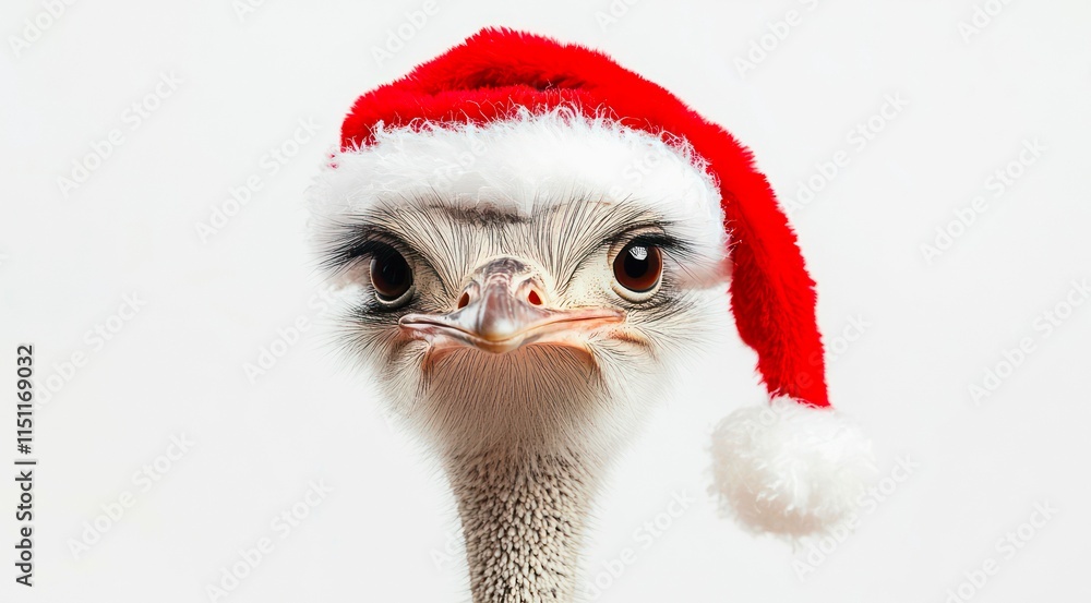 Funny ostrich wearing Santa Claus red hat on white background. Funny ostrich wearing Santa Claus red hat on white background.