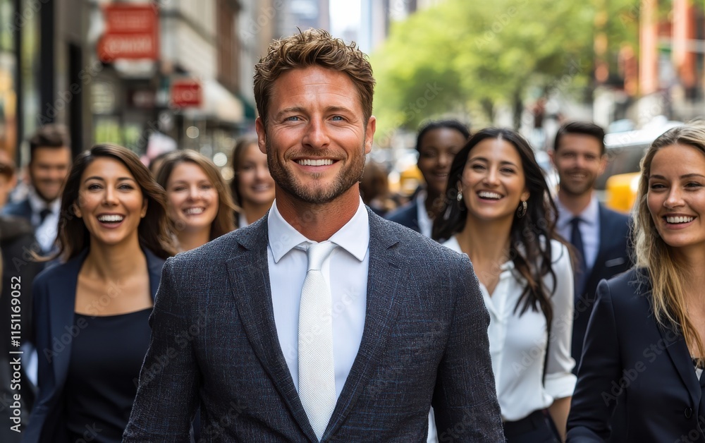 Group of professionals walking confidently through a bustling city street during the day Group of professionals walking confidently through a bustling city street during the day