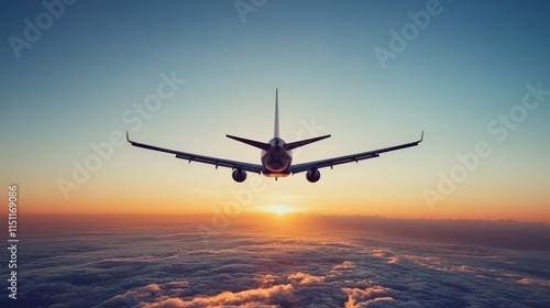 Airplane flying above clouds at sunset.