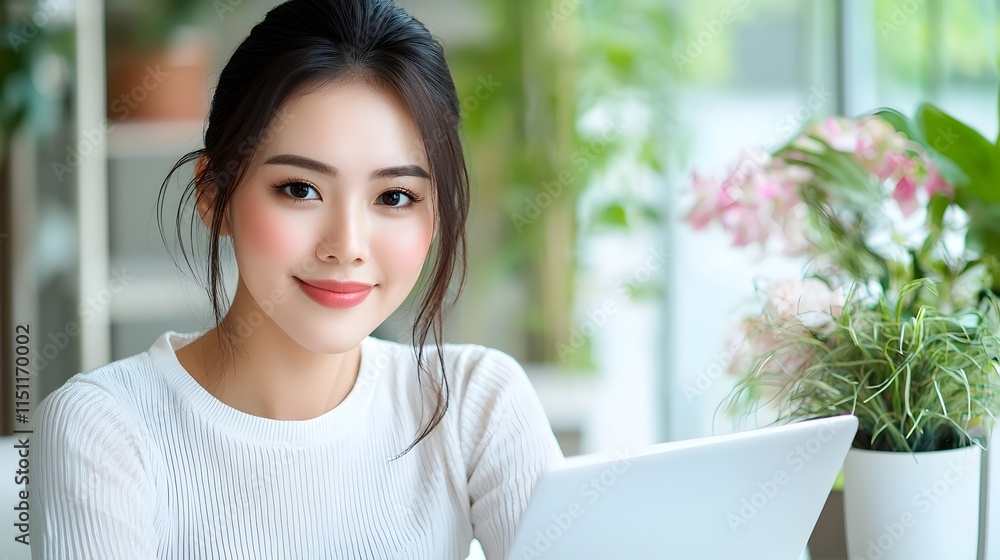 Hardworking Asian Woman Concentrating on Laptop at her Desk in a Bright and Contemporary Office Environment Showing Dedication to her Career and Tasks Hardworking Asian Woman Concentrating on Laptop at her Desk in a Bright and Contemporary Office Environment Showing Dedication to her Career and Tasks