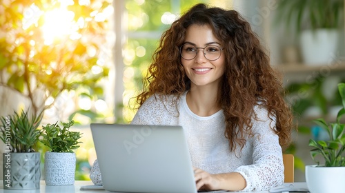 Cheerful and Confident Businesswoman Focused on Her Work Tasks at a Bright and Positive Office Desk Demonstrating Productivity Efficiency and a Successful Mindset in the Corporate Environment photo