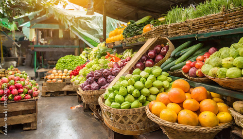 Fruit market with various colorful fresh fruits and vegetables
