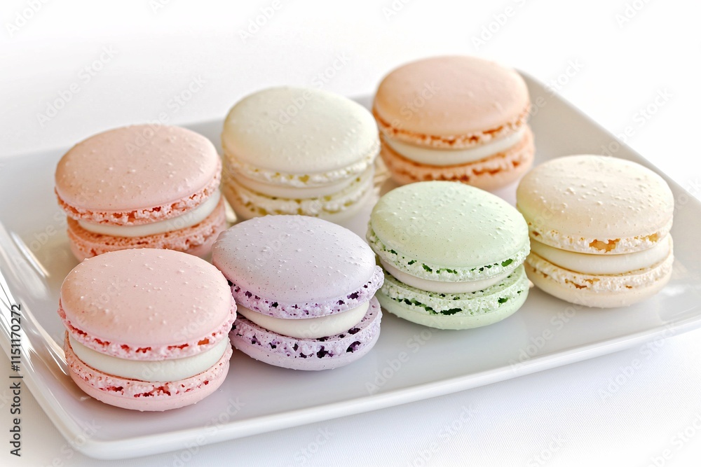 A stylish pastel macaron stack in soft pink, lavender, mint, and cream colors on a sleek white plate, perfect for confectionery promotions, magazine covers, or food blogs. A stylish pastel macaron stack in soft pink, lavender, mint, and cream colors on a sleek white plate, perfect for confectionery promotions, magazine covers, or food blogs.