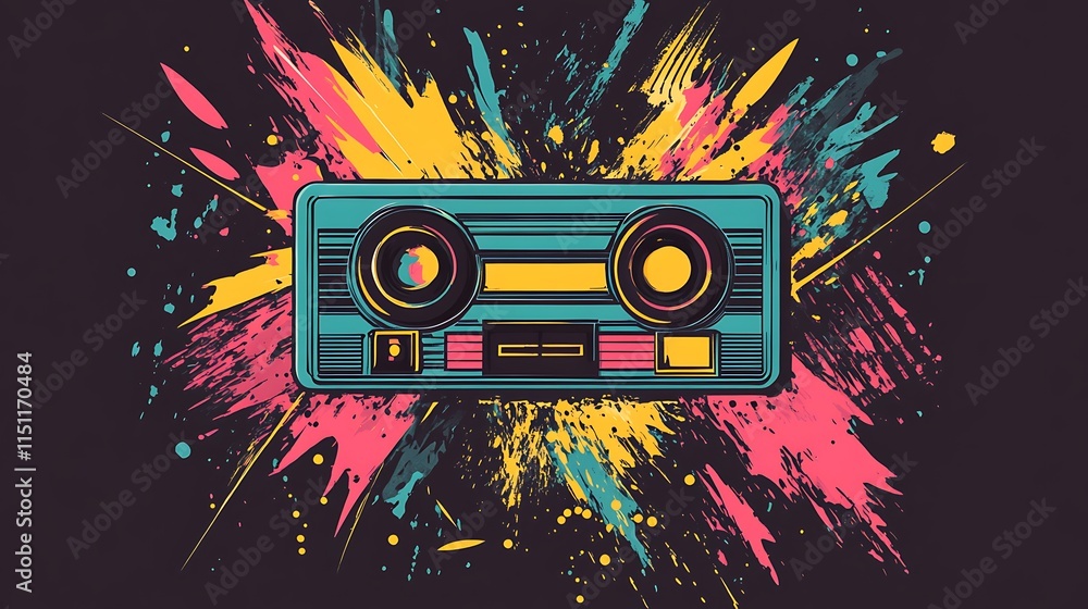 Fototapeta premium Colorful cassette tape with paint splatters.