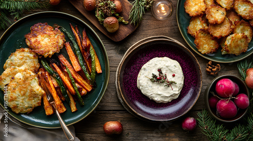 Colorful and inviting holiday meal featuring roasted vegetables, crispy latkes, and creamy dip. Perfect for festive gatherings and celebrations with family and friends photo