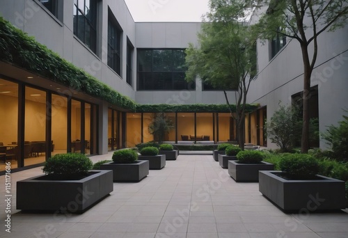 A large structure featuring a spacious courtyard positioned in front of it