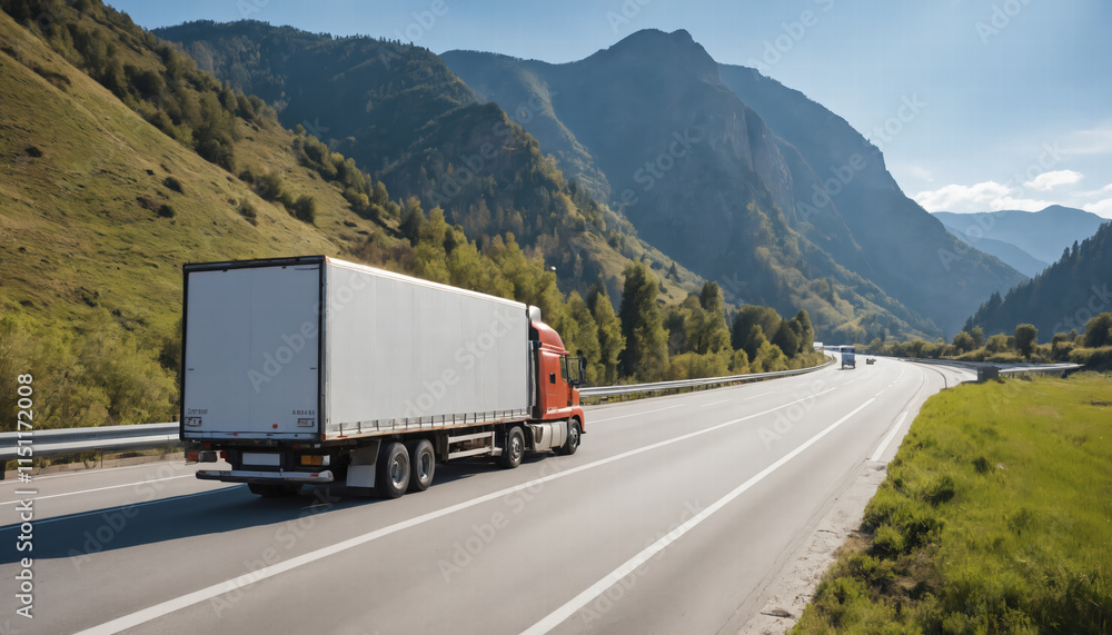 Truck with cargo trailer on highway, mountain landscape in background. Truck with cargo trailer on highway, mountain landscape in background.