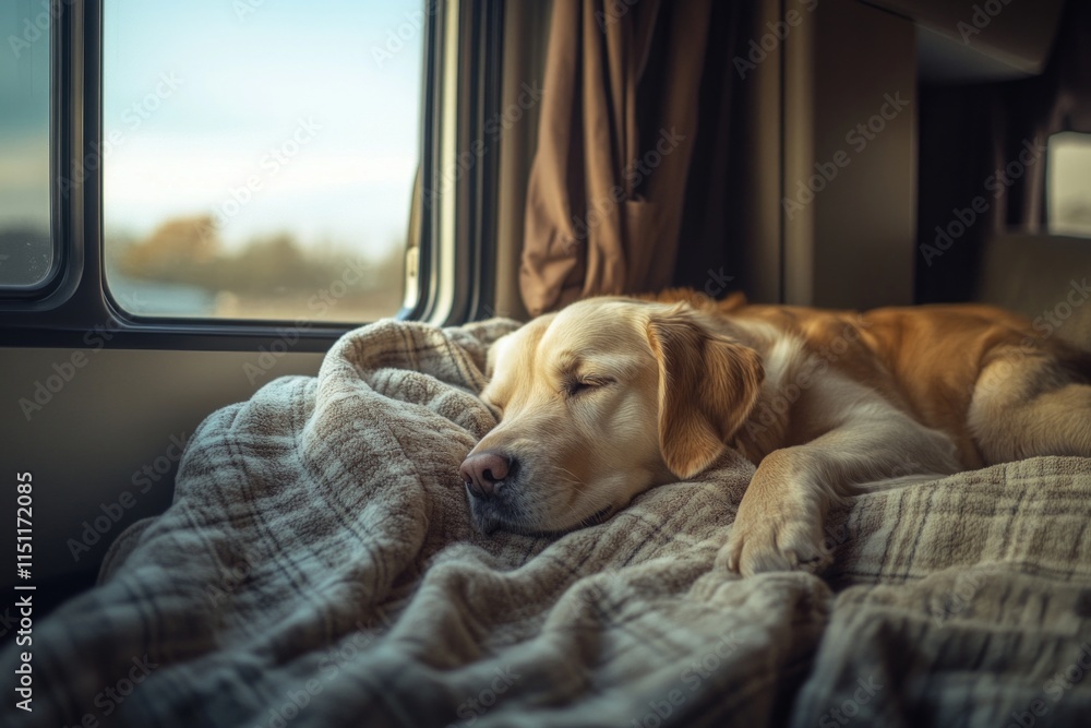 Obraz premium A serene moment captured with a sleeping dog resting peacefully on a cozy blanket. The warm sunlight filters through the window, creating a tranquil atmosphere. Generative AI