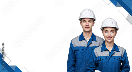 young woman and man in construction helmets on white background with blue geometric elements, mockup for banner or advertisement with empty space for text . Generative AI photo