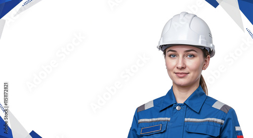 young Russian woman in construction helmets on white background with blue geometric elements, mockup for banner or advertisement with empty space for text . Generative AI photo