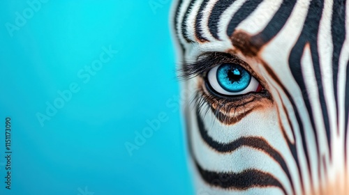 Close-up of a zebra's striking blue eye against a vibrant turquoise background, showcasing its unique black-and-white stripe pattern.